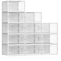 Secret Space 12 Pack X Large Shoe Organizer Storage Boxes for Closet, Modular Space Saving Shoe Boxes Clear Plastic Stackable Sneaker Containers Displ