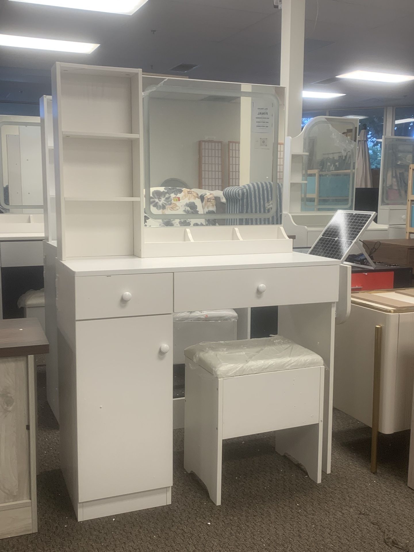 Vanity Desk with Mirror and LED Lights, Makeup Vanity Table with Charging Station, Storage Drawers, Shelves, Adjustable Cabinet & Stool, Perfect for B