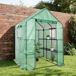 4.7 ft. W x 4.7 ft. D x 6.4 ft. H Walk-in Greenhouse Garden Plant House with PE Cover and Shelves