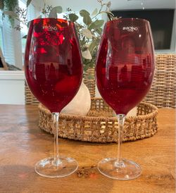 NEW (set of 2) Krosno Poland, Ruby Red 10.5” tall Wine Glasses. Original stickers attached