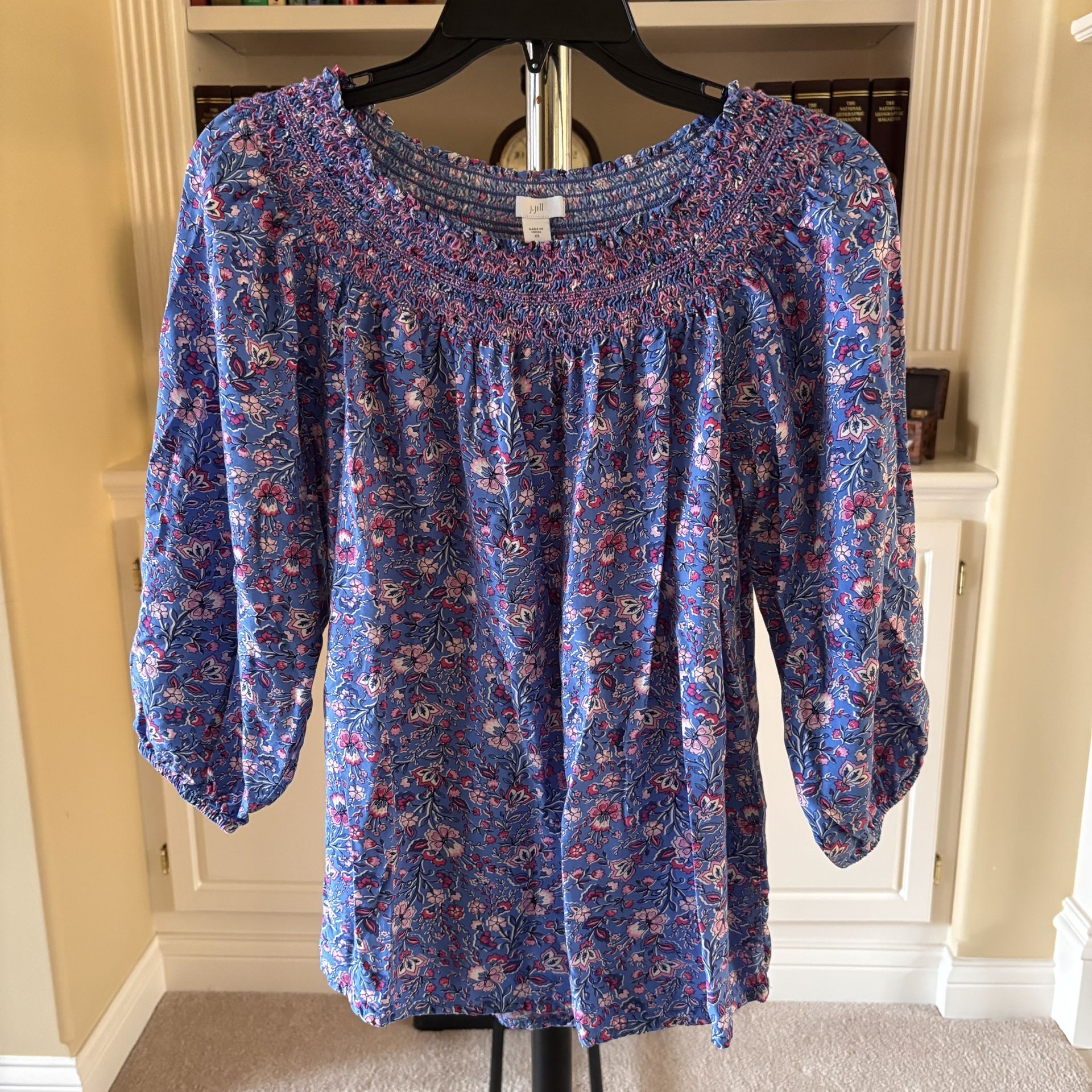 J. Jill Smocked Floral Print Blouse Size XS
