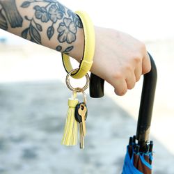 Leather Bangle Keychain PU Leather Wrist Key Rings Large Hoop Bracelet, Yellow