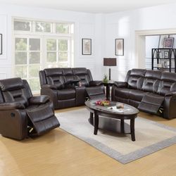 Brand New Brown Leather 3pc Reclining Sofa Set 