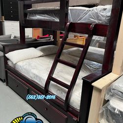 Triple Bunk Bed Cherry With Mattresses And Trundle
