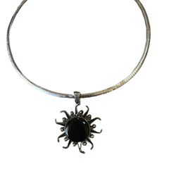 Vintage 80’s Taxco Black Onyx Sunburst Necklace Sterling Silver 