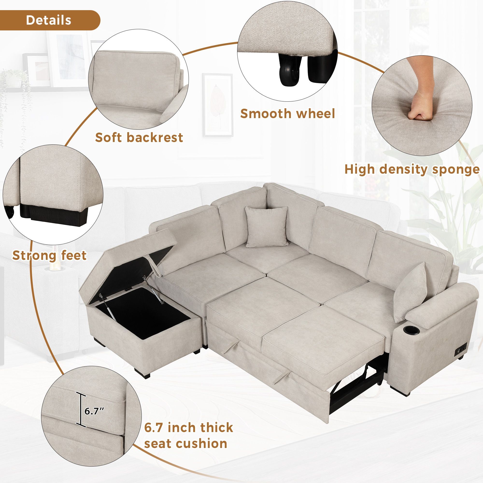 84.75 Sleeper Sofa Bed,2 in 1 Pull Out sofa bed L Shape Couch with Storage Ottoman for Living Room,Bedroom Couch and Small Apartment, Beige