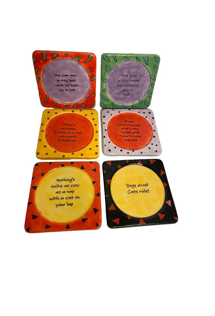 6 vintage Cat Quote Coasters Ceramic painted 90s colorful Cat dog Home Humor