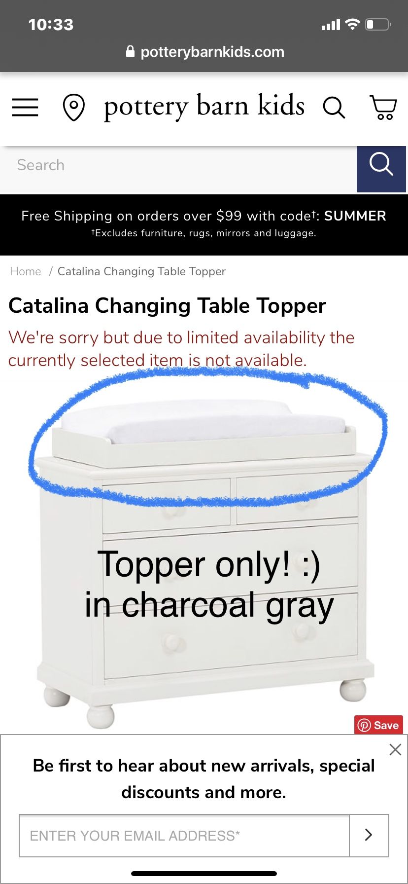 PBK Catalina Changing Table Topper In Charcoal Gray