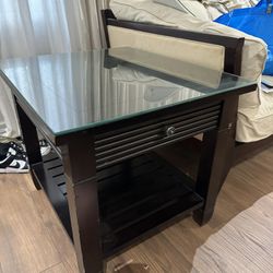 wood side table with glass top and drawer