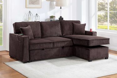 Brand New Brown Corduroy Convertible Sectional
Reversible Storage Chaise W/ Cup Holder & USB & USB-C Port