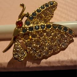 Antique Butterfly Pin With "Diamond", Green,  And Red Stones On Gold Plated