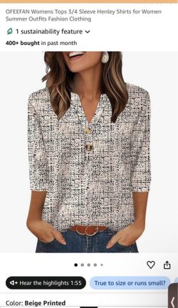 NEW OFEEFAN Womens 3/4 Sleeve Henley Shirt Beige Printed Size L