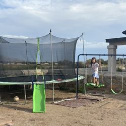 Trampoline, Swings, Slide, Basketball Net 