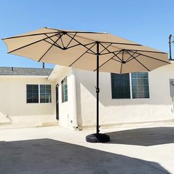 (NEW) $130 Large 15 FT Double Sided Outdoor Umbrella with 65 LBS Plastic Weight Base (Beige color) 