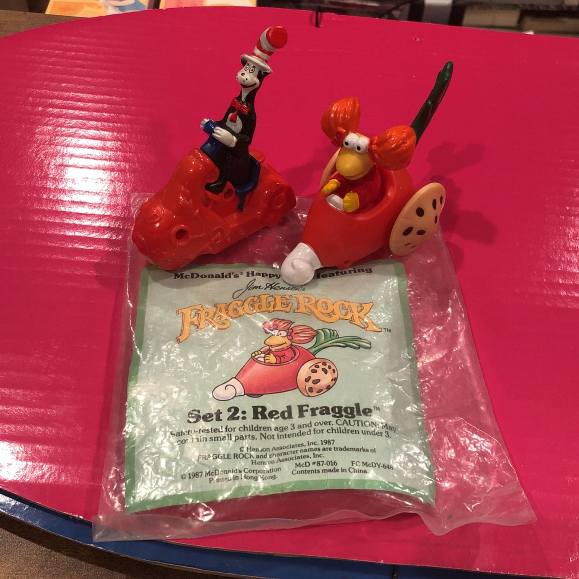 McDonald's 1988 Red Fraggle radish car Action Toy 2”, And 2003 Cat In The Hat Toy 3”