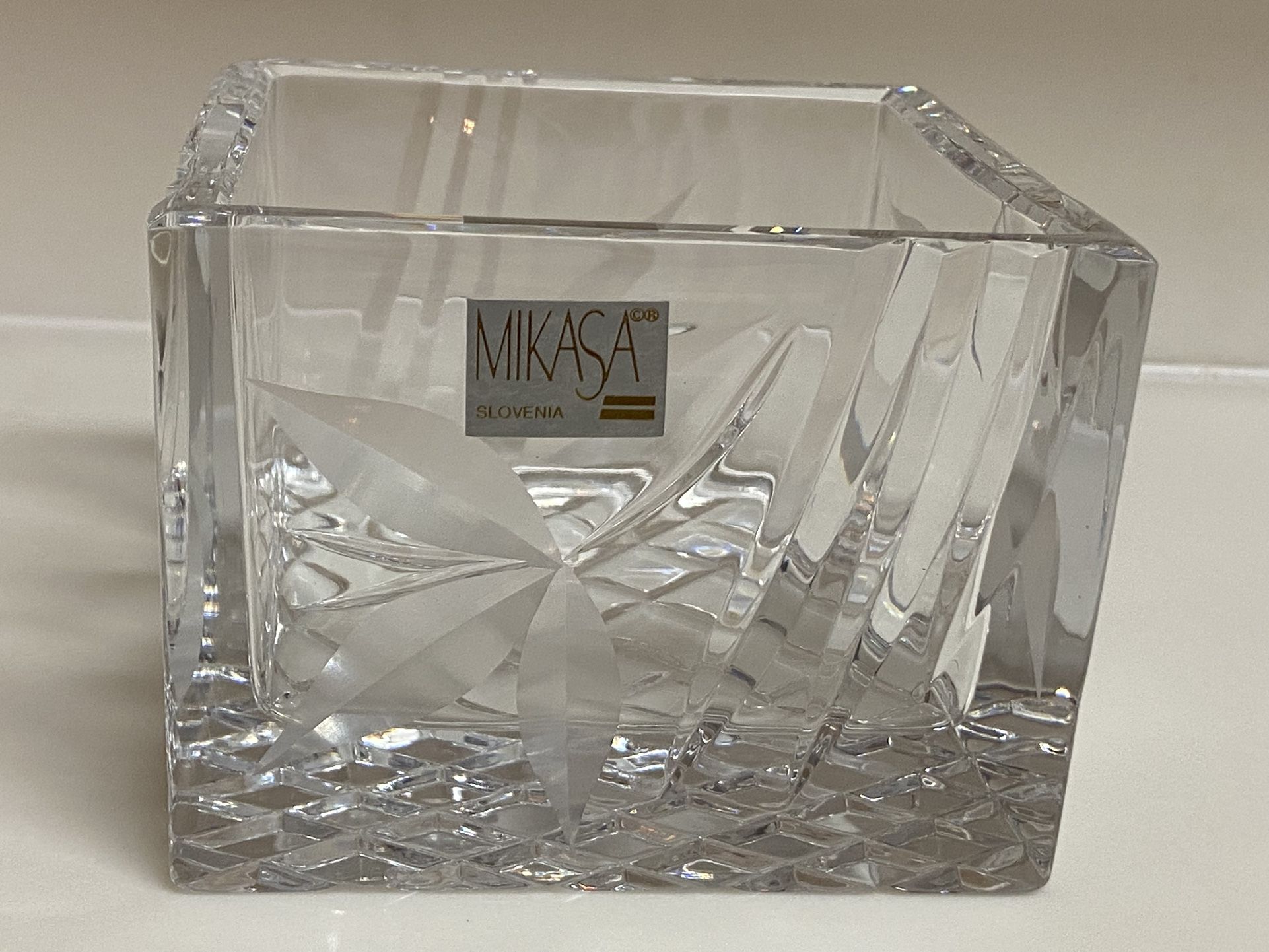 Mikasa Slovenia Lead Crystal Glass Ring Cube Votive Candle Holder Heavy 3”