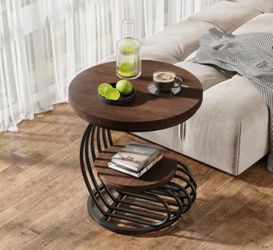 19.68 in. Width Brown Wood and Metal C-Shape End Table, 2 Tiers Round Side Table Living Room Bedroom
