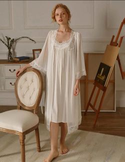 Contrast Lace Cami Night Dress & Robe Size M Victorian Style 