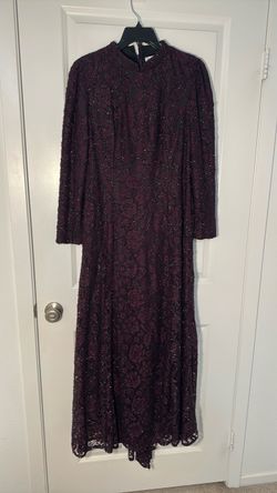 Burgundy Lace Beaded Long Sleeve Formal Gown
