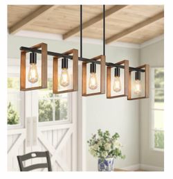 5-Light Farmhouse Chandelier – Wood Look & Black