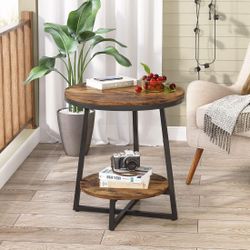 New 2-Tier End Table, Round Accent Bedside Table with Storage Shelf