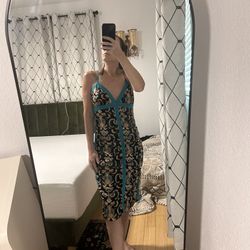 Vintage Nicole Miller Silk Dress – Boho Print with Turquoise Edging