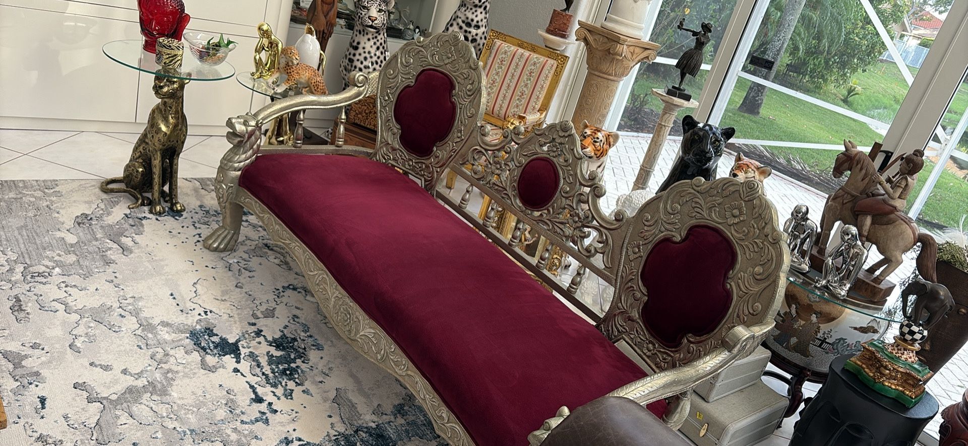 3 Piece Lion Head Set. 2 FABULOUS SILVER CARVED BAROQUE THRONE CHAIRS & SOFA. Magnificent Lion Or Panther Head On Arms. Plum Fabric. No Pets Or Smoke