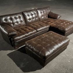 Comfortable Leather Brown Sectional with Ottoman