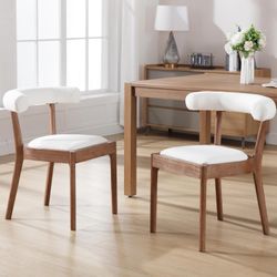 Dining Room Chairs Mid-Century Modern Fabric Kitchen Chairs with Natural Walnut Finished Frame, Linen Curved Back, Set of 2, White