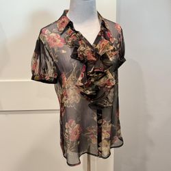 LAUREN By Ralph Lauren Ruffle Sheer Floral Brown Blouse