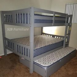 Fullfulltwin Size Grey Bunkbed W Ortho Mattress 