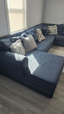Dark Blue Fabric Sectional Sofa with Chaise
