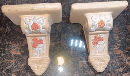Vintage Bisque Ceramic Wall Corbel Shelves-Hand Painted  Shabby Chic Set Of 2