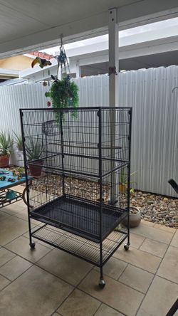 Large Black Metal Bird Cage on Wheels