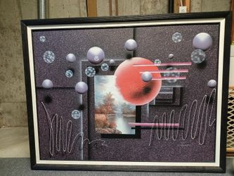 Large Abstract Futuristic Spheres Painting by Kingston Framed 53" x 41"