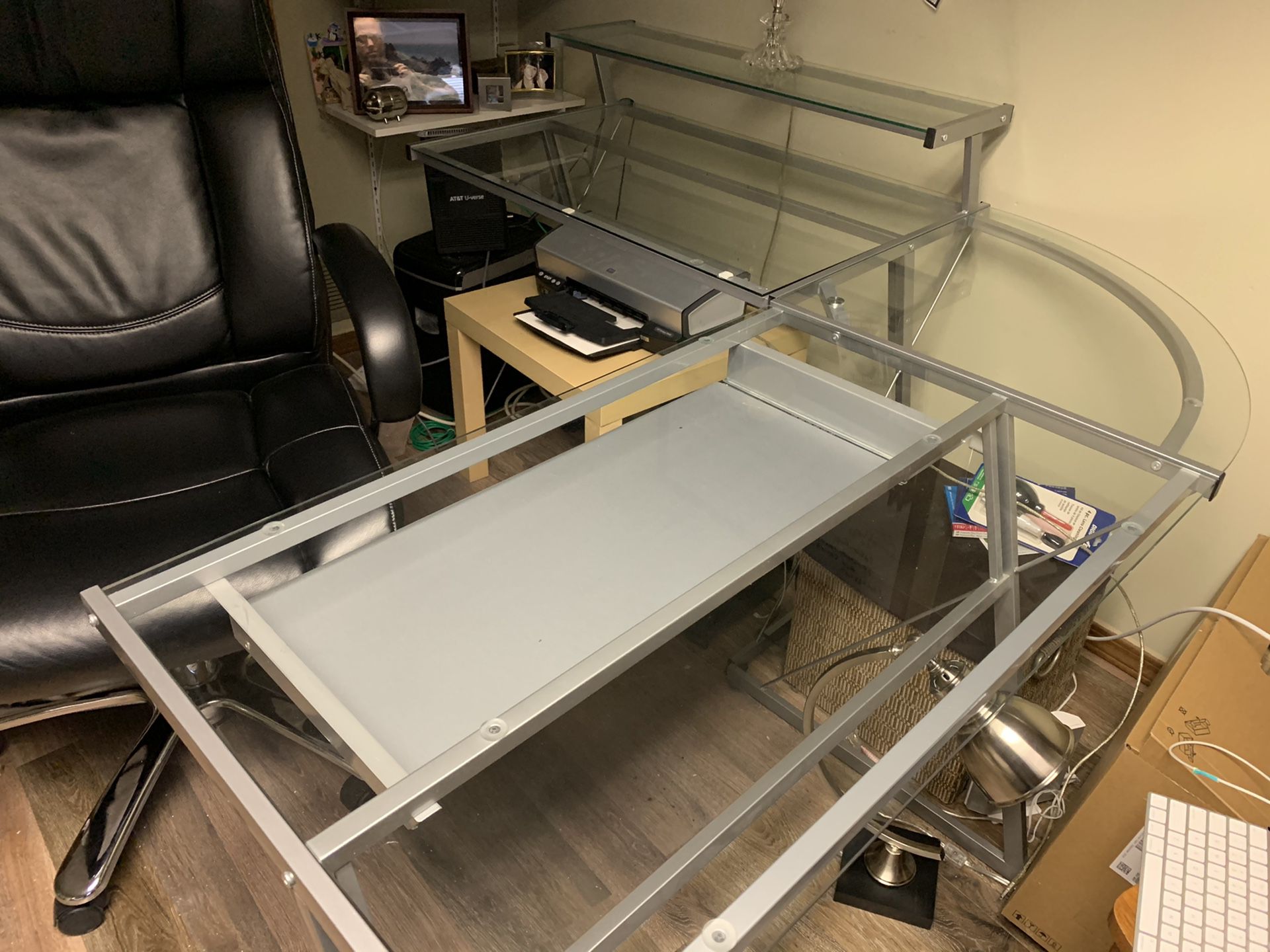 Glass Desk with pull drawer and second shelf attached