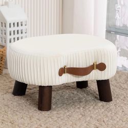 LUE BONA Small Curved Foot Stool with Handle, Beige Velvet Footstool and Ottomans, Modern Foot Rest with Wooden Legs, Step Stool with Padded Seat for 