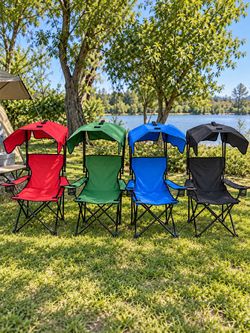 Canopy Folding Chair, Sun Protection Camping Lawn X-shaped Support Chair w/ Cup Holder