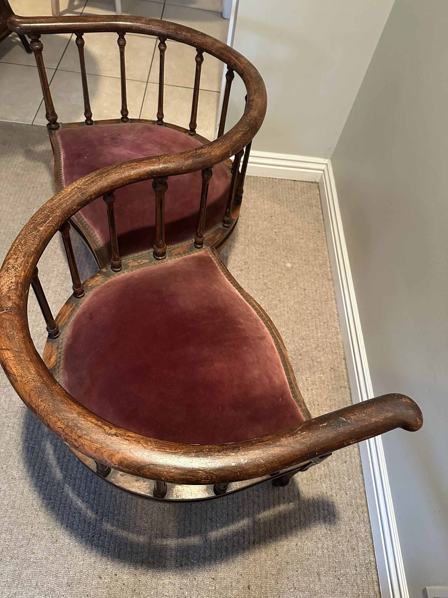 Antique Wood Tete a Tete Red Burgundy Velvet Cushioned Double
