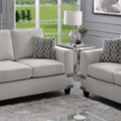 Beautiful Chenille Mushroom Colored Two Piece Sofa and Love Seat