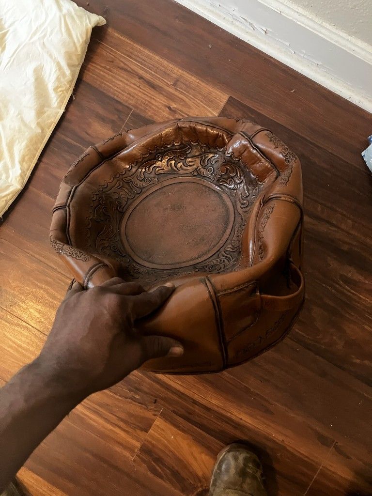 VINTAGE Hand Tooled Leather Catchall Valet Tray Bowl Southwestern Cowboy Art Deco