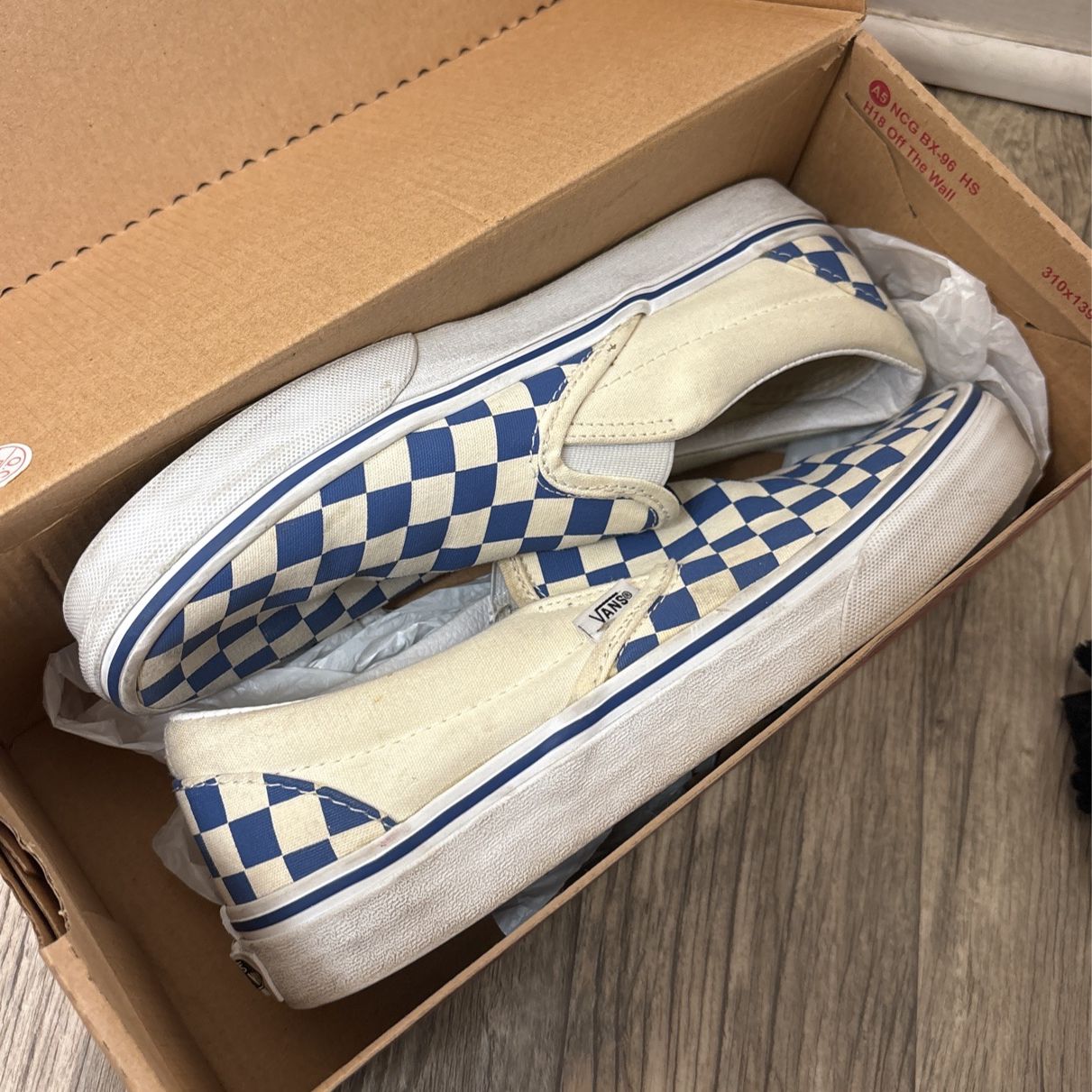 Blue/White Checkered Board Slip On Vans 