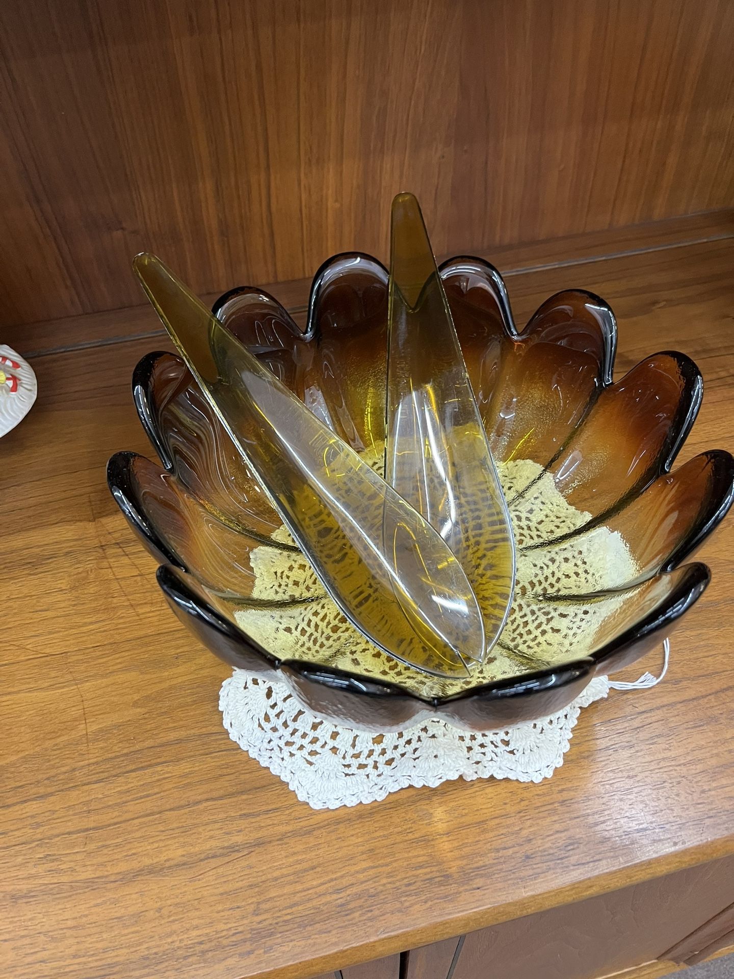 Vintage Indiana Glass Lotus bowl and utensils