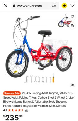 VEVOR Folding Adult Tricycle, 20-Inch 7-Speed Adult Folding Trikes, Carbon Steel 3 Wheel Cruiser Bike with Large Basket & Adjustable Seat, Shopping Pi