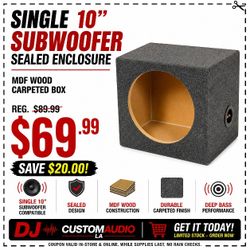 Single 10" Subwoofer Enclosure MDF Carpeted Wood Sealed Bass Box 🚨 Payment Options Available 🚨 No Credit Needed 🚨 