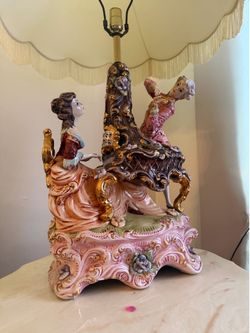 Large Pair of Vintage Victorian Porcelain Piano & Violin Figurine Table Lamp – Gold Gilt