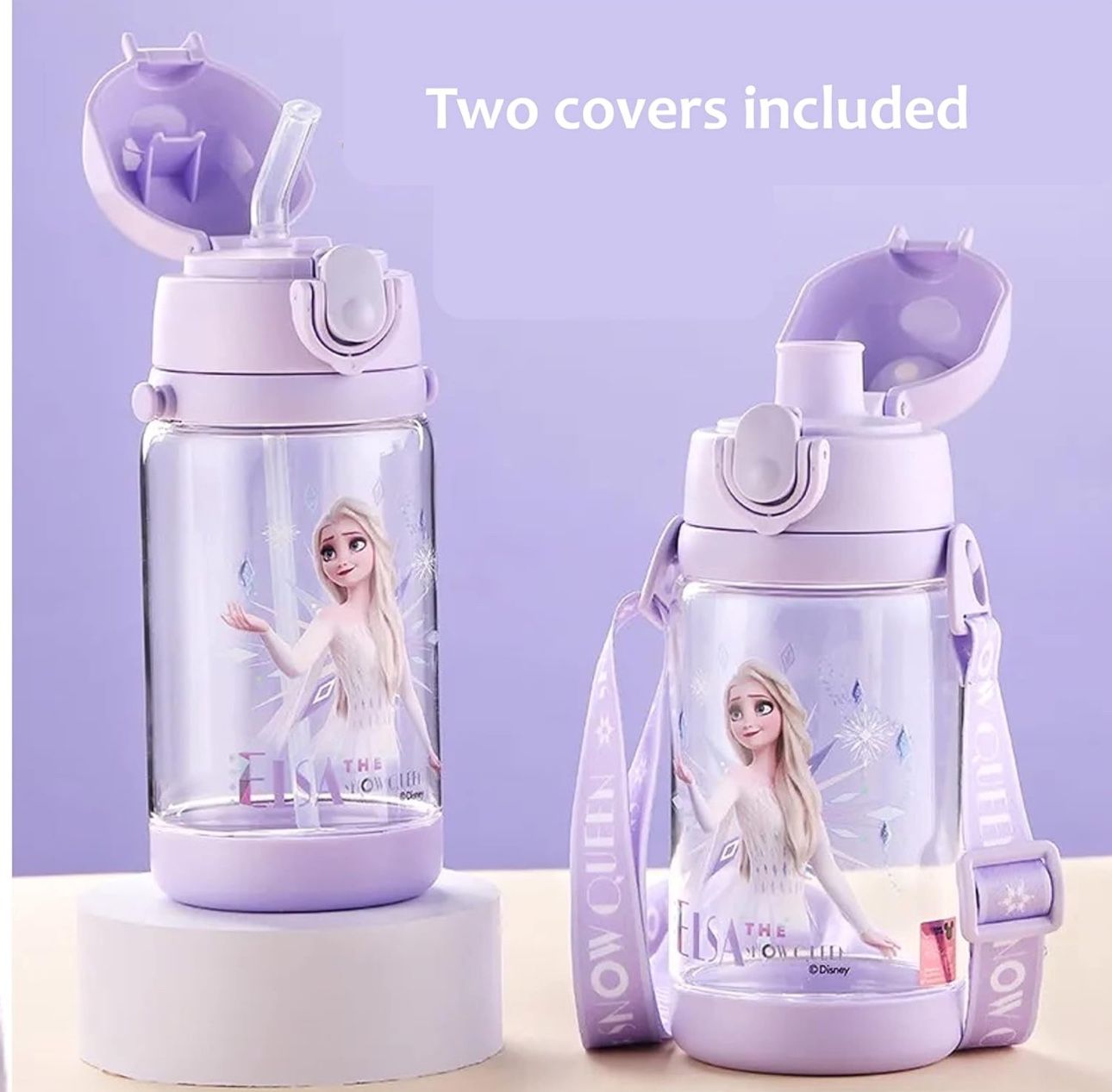 Frozen Elsa Water Bottle Double Covers with Straw and Strap 520ml - Purple