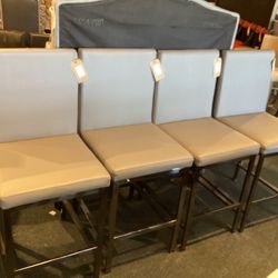 Set Of 2 Custom Made Grey Leather Stools W/ Chrome Base & Decorative Back SKU  V598WJ