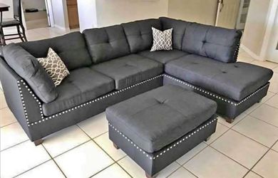 Dark Grey Fabric Sectional with Studs and Ottoman