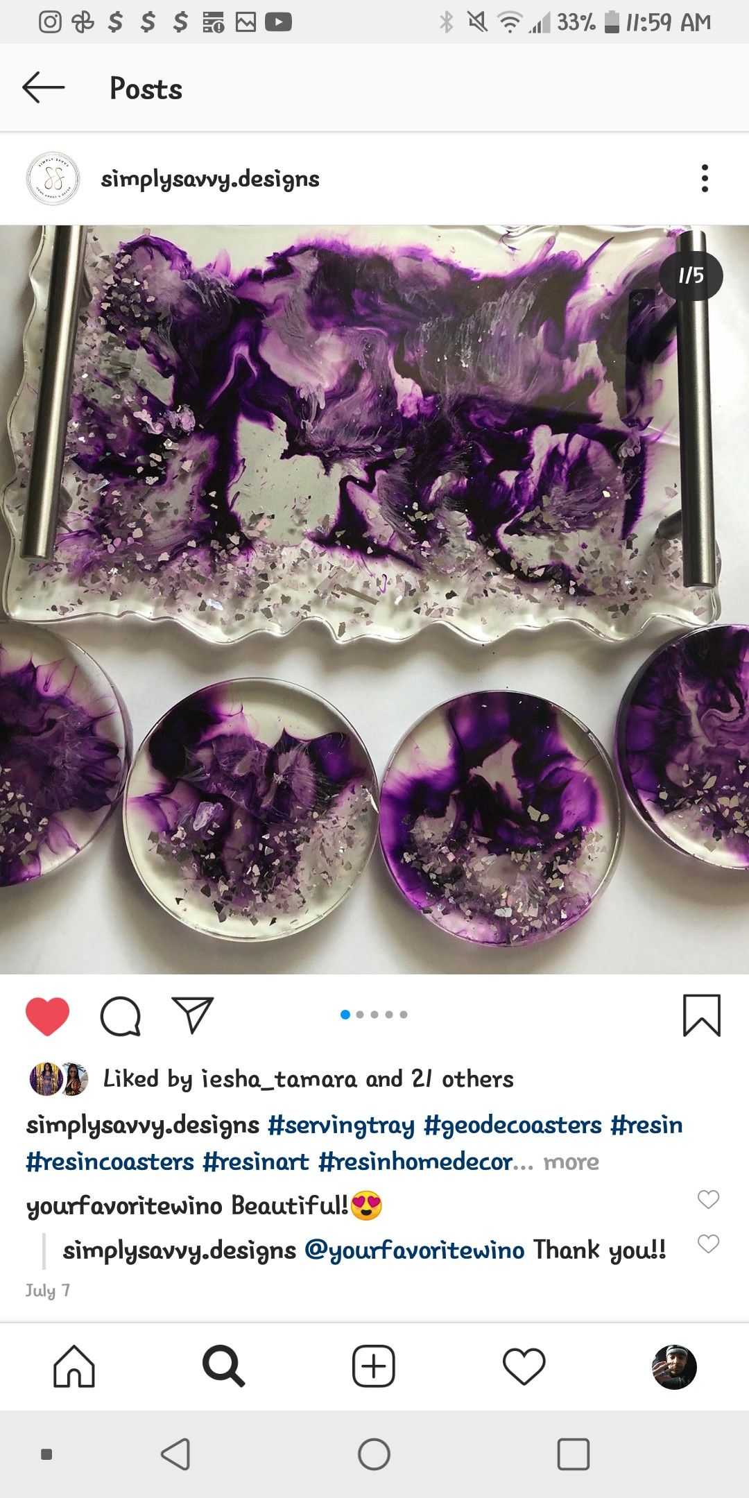 Custom made resin serving trays and coaster sets